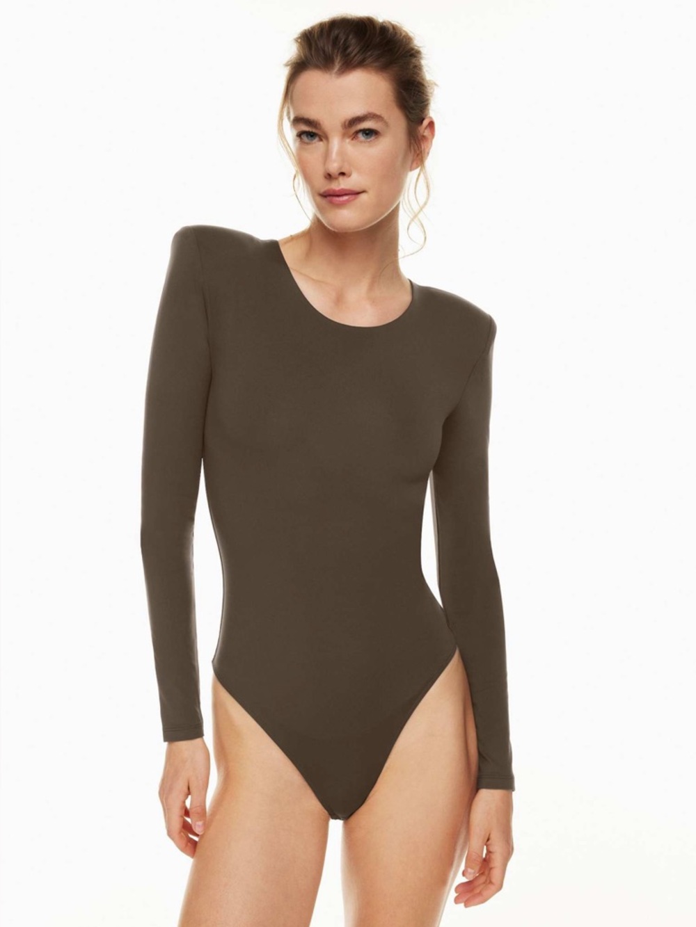 Aritzia Babaton Contour Long Sleeve Bodysuit Shoulder Pads Mauve Pink M